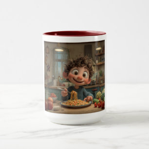Süßer animierter Junge isst Spaghetti-Pasta-Kaffee Tasse