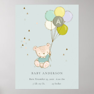 Süßer Aqua-Bär-Ballon-Jungen-Monogramm-Geburtsstat Poster
