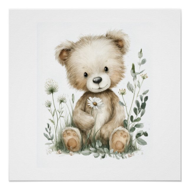 Süßer Aquarell-Teddybär mit Wildblumen Poster (Vorderseite)