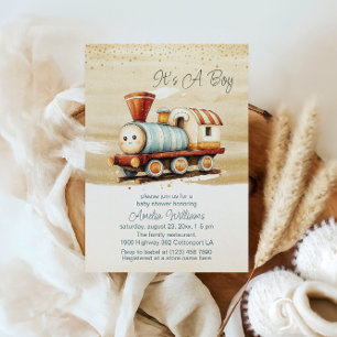 Süßer Aquarell-Zug Es ist eine Jungen-Babyparty Einladung