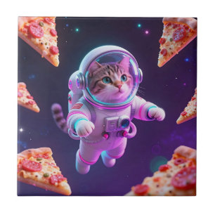 Süßer Astronaut Katzen schwebender Pizza Weltraum Fliese