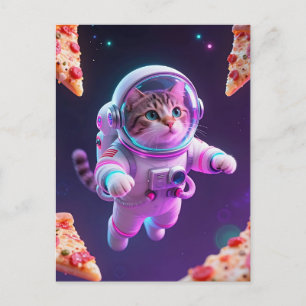 Süßer Astronaut Katzen schwebender Pizza Weltraum Postkarte