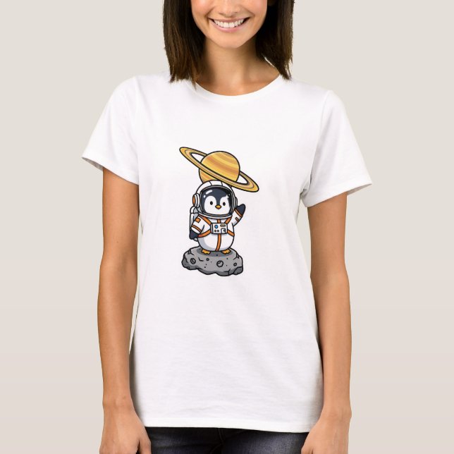 Süßer Astronaut-Pinguin winkend auf einem Asteroid T-Shirt (Vorderseite)