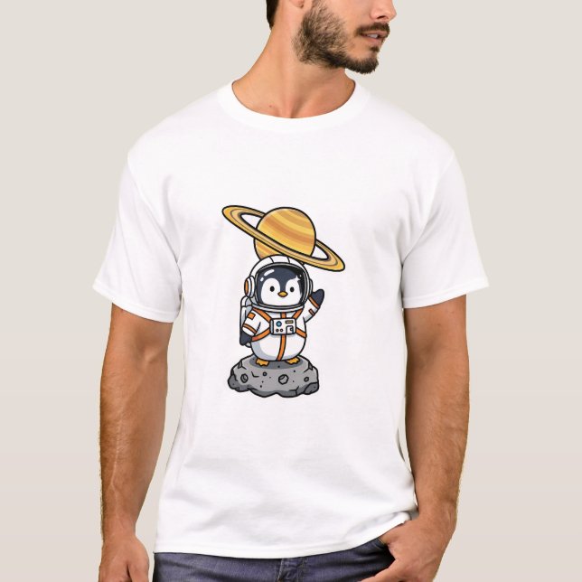Süßer Astronaut-Pinguin winkend auf einem Asteroid T-Shirt (Vorderseite)