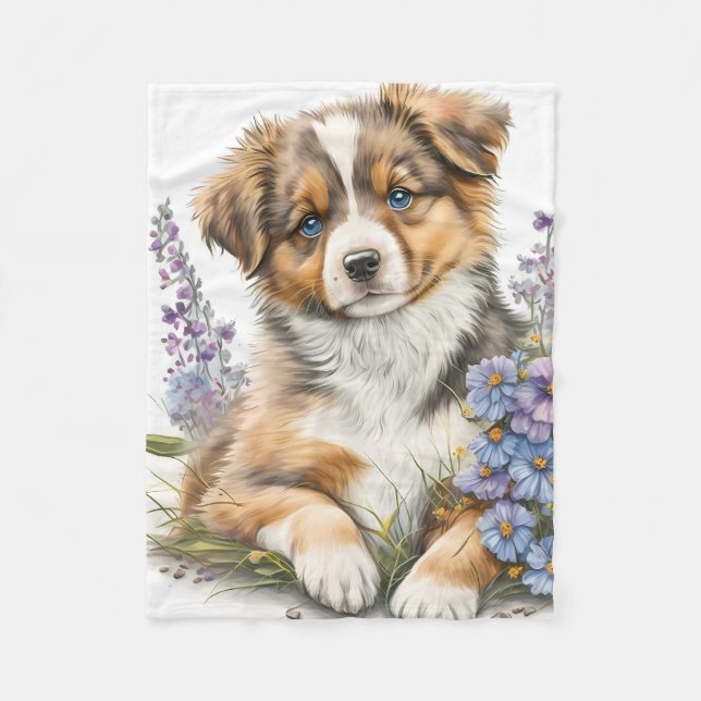 Süßer Australian Shepherd Welpe Fleecedecke (Vorderseite)