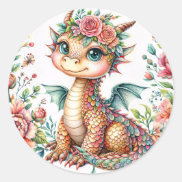 Süßer Baby-Drache blüht – Florale Aquarellmalerei Runder Aufkleber