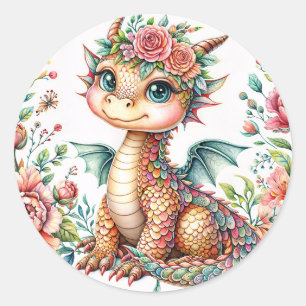 Süßer Baby-Drache blüht – Florale Aquarellmalerei Runder Aufkleber