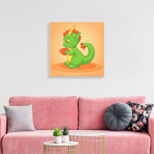Süßer Baby-Drache hält Tasse auf Orange Leinwanddruck