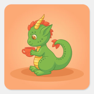 Süßer Baby-Drache hält Tasse auf Orange Quadratischer Aufkleber