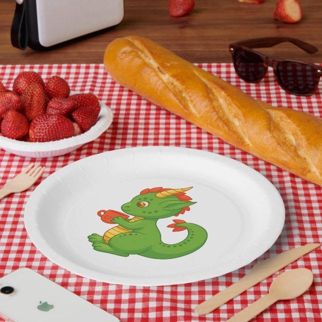 Süßer Baby-Drache hält Tasse Pappteller (Picknick)