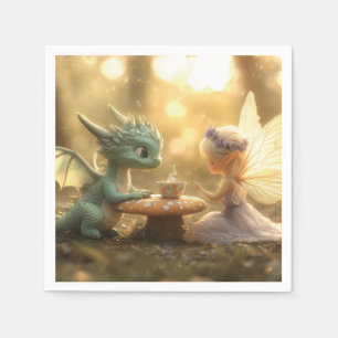 Süßer Baby-Drache und Fee genießen Tee Serviette
