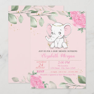Süßer Baby Elefant, Blätter, Florale Babyparty Einladung