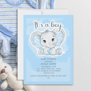 Süßer Baby-Elefant Blau Junge Baby-Party Einladung
