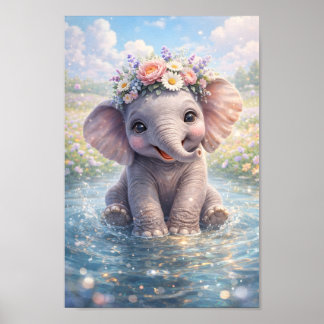 Süßer Baby-Elefant Blumenkrone Wasserspritzer Amme Poster