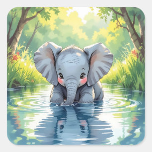 Süßer Baby-Elefant und Spiegelbild Quadratischer Aufkleber