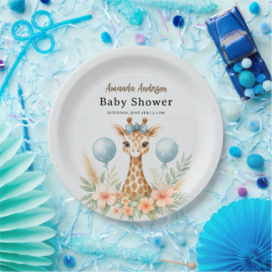 Süßer Baby-Giraffen-Junge-Baby-Shower Blaues Saf Pappteller