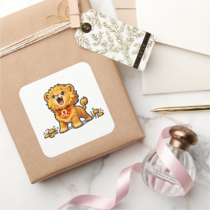 Süßer Baby-Löwe-Zodiac-Aufkleber – Kawaii goldener Quadratischer Aufkleber