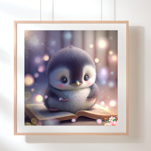 Süßer Baby-Pinguin beim Lesen eines Buches Kunst K Poster