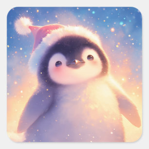 Süßer Baby Pinguin mit roter Weihnachtsmannmütze Quadratischer Aufkleber