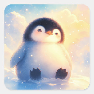 Süßer Baby Pinguin sitzt im weichen Schneewinter Quadratischer Aufkleber