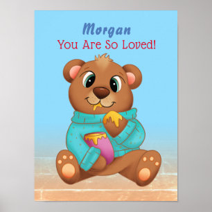 Süßer Babybär isst Honig Kindername & Nachricht Poster