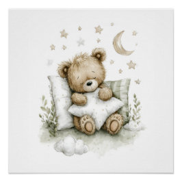Süßer Babybär tief schlafend auf flauschigen Wolke Poster