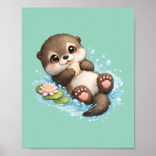 Süßer Babyotter, der in Wasser Mintgrün schwimmt Poster