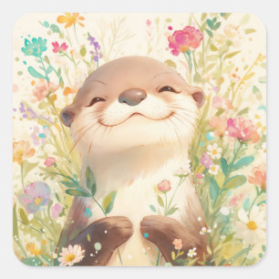 Süßer Babyotter lächelt in Wiesenblumen Quadratischer Aufkleber