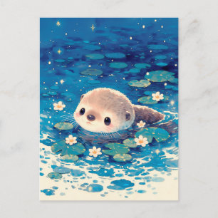 Süßer Babyotter schwimmt im sternenklaren Nachttei Postkarte