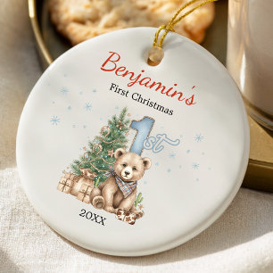 Süßer Babys erster Weihnachtsbaum blauer Teddybär Keramik Ornament