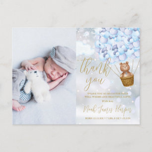 Süßer Bär Blau Danke Winter Baby Foto Geburt Ankündigungspostkarte