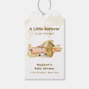 Süßer Bär Explorer Weltkarte Flugzeug Baby Shower Geschenkanhänger