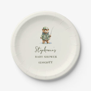 Süßer Bär Fischer auf dem Weg zur Babyparty Pappteller