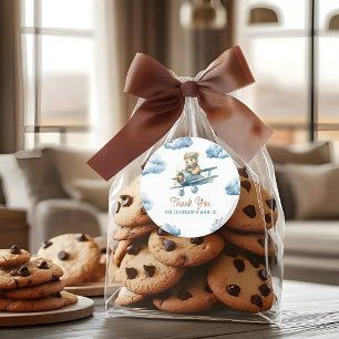 Süßer Bär-Flugzeug-Blauer-Junge-Baby-Shower-Danke Runder Aufkleber
