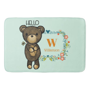 Süßer Bär, Gelbe Blume & Floraler Kranz Monogramm Badematte