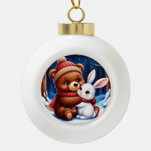 Süßer Bär hält Häschen Keramik Kugel-Ornament