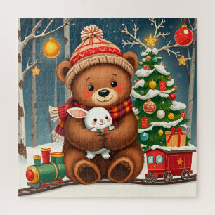 Süßer Bär hält Hasen neben dem Weihnachtsbaum
