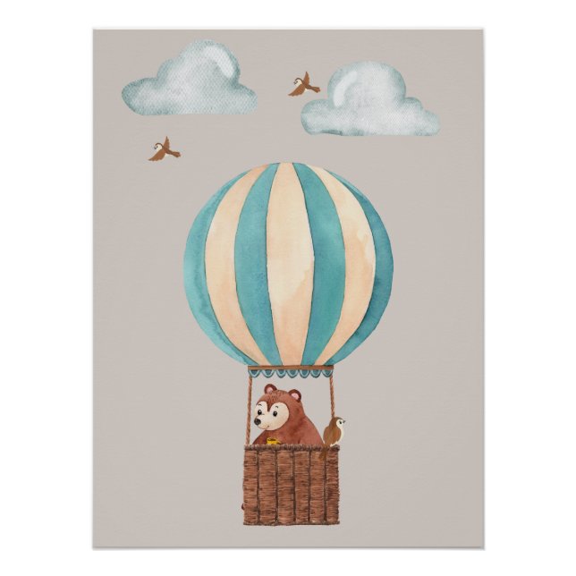 Süßer Bär-Heißluftballon-Illustrationsposter Poster (Vorderseite)