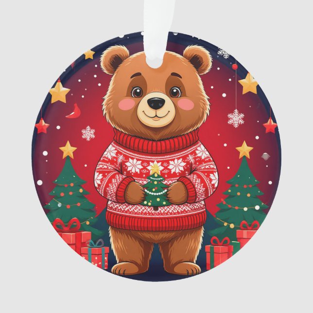 Süßer Bär im Weihnachtspullover Ornament (Vorderseite)