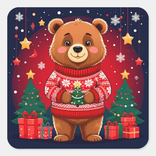 Süßer Bär im Weihnachtspullover Quadratischer Aufkleber (Vorderseite)