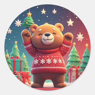 Süßer Bär im Weihnachtspullover Runder Aufkleber