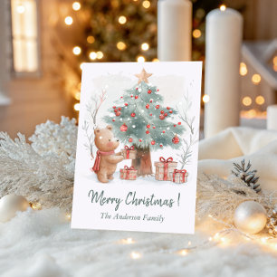 Süßer Bär mit Weihnachtsbaum Wasserfarbe Familie Feiertagskarte