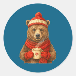 Süßer Bär mit Weihnachtsmannmütze Kaffee Liebhaber Runder Aufkleber