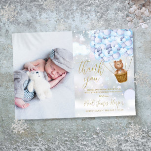 Süßer Bär und blaue Ballons Winter-Baby-Foto Dankeskarte