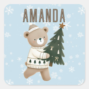 Süßer Bär Weihnachtsbaum Schneeflocken Kinder Name Quadratischer Aufkleber