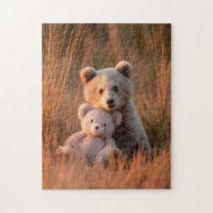 Süßer Bärenjunge umarmt einen Teddybär