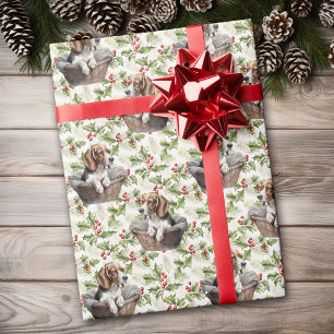 Süßer Beagle-Welpe im Korb mit Weihnachts-Stechpal Geschenkpapier