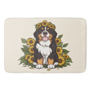 Süßer Berner Sennenhund mit Sonnenblumenkrone Badematte