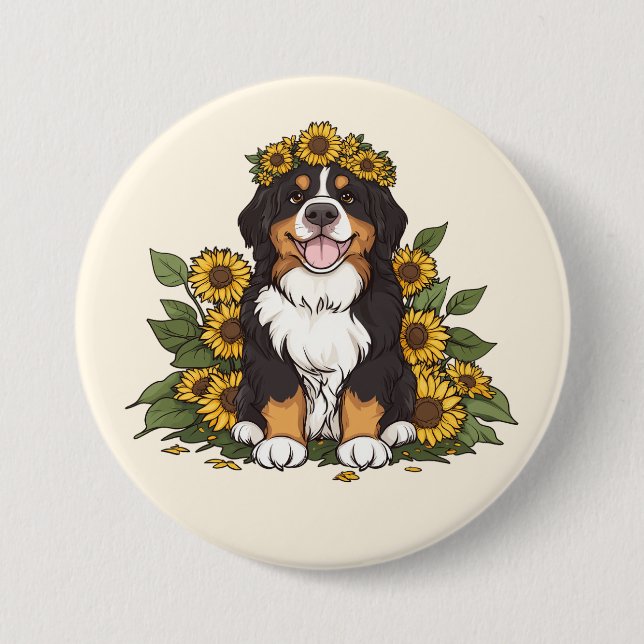 Süßer Berner Sennenhund mit Sonnenblumenkrone Button (Vorderseite)