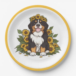 Süßer Berner Sennenhund mit Sonnenblumenkrone Pappteller